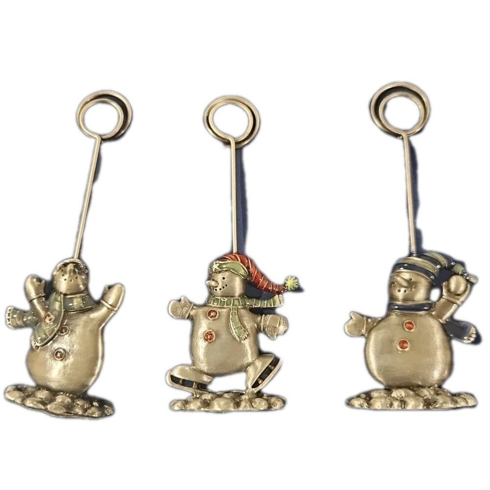 Pewter Snowmen Card Photo Place card Holders Felt Bottom Set of 3